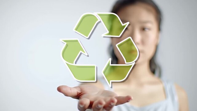Green Recycle Symbol Displayed Over Woman Hand in Studio Setting Environmental Concept Emphasizing Waste Reduction and Sustainable Practices