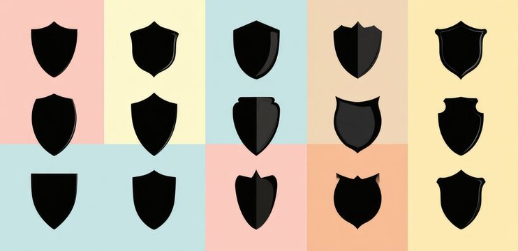 Eighteen black shield icons arranged in a grid on a pastel background