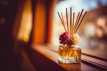 A small, clear glass air freshener sits on a windowsill.  Wooden sticks extend from a decorative floral top.  Soft light illuminates the object.  Blurred background shows a window view