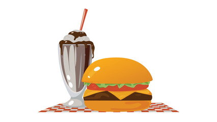 Illustration showing a burger with lettuce, tomato, cheese, and a chocolate milkshake with straw