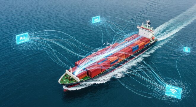 Birdseye image of a container ship with datastream visual effects emphasizing AIpowered industry and internet of things in logistics.