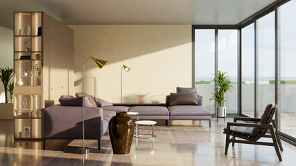 Large luxury modern bright interiors Living room mockup illustration 3D rendering image
