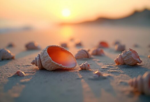 Assorted seashells scattered on fine beach sand in natural bright sunlight