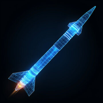 3D wireframe model of a missile, high-quality details, blue color on a black background, with a white glow around the rocket for a lighting effect