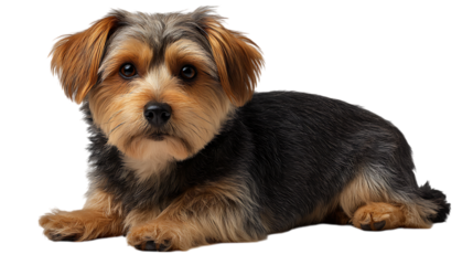 Adorable yorkshire terrier dog lying down isolated on transparent background