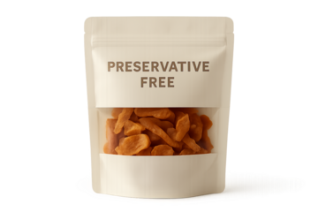 Stand up pouch with dried fruit and preservative free label on transparent background, preservative free