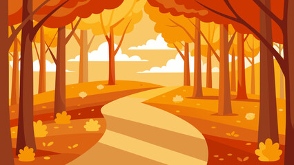 sunny autumn forest with golden leaves path through