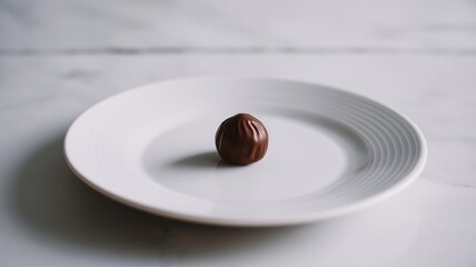 A single chocolate truffle rests delicately on a plain white plate, showcasing its rich texture.