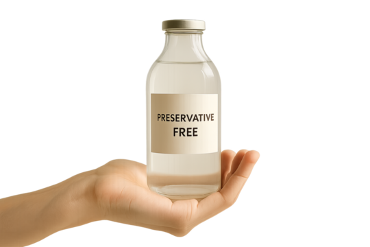 Hand holding clear bottle with preservative free label isolated on transparent background, preservative free