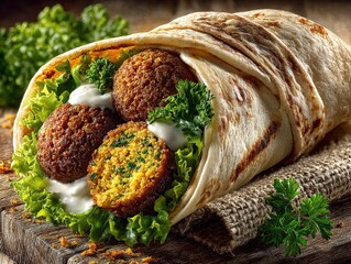 Falafel Wrap with Tahini Sauce, Close-up Gourmet Shot