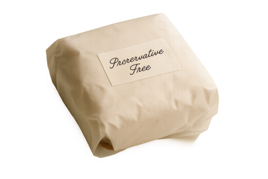 Wrapped paper food pack with elegant preservative free label isolated on transparent background, preservative free