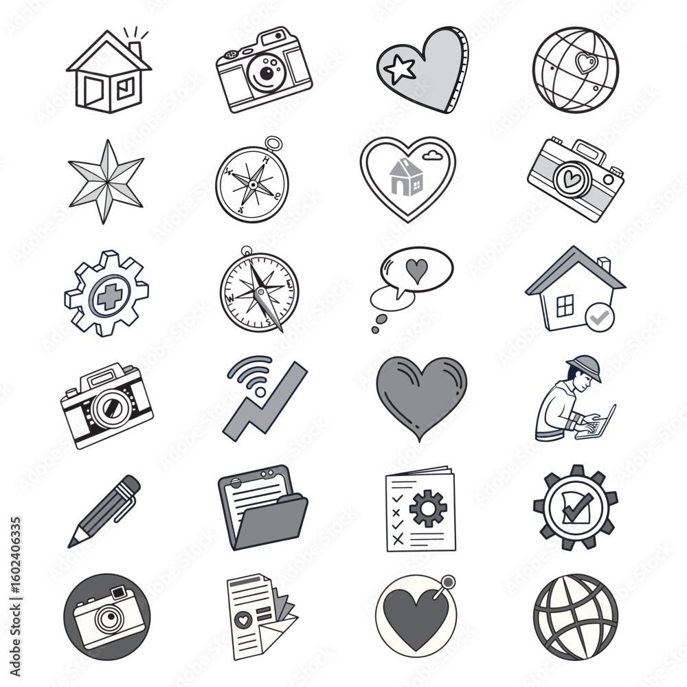 Fototapete A comprehensive set of twenty hand-drawn doodle icons, presented in a clean blue and gray color scheme with a whimsical, sketch-like quality