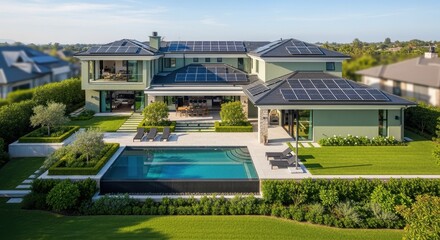 Fototapeta premium Birdseye perspective of green architecture residence with clean energy solar panels pool and landscaped exterior.