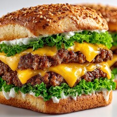 Delicious Double Cheeseburger with Lettuce and Sauce Isolated