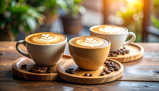 Three lattes on wooden trays, cafe setting