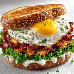 Stacked Gourmet Breakfast Sandwich with Egg, Bacon and Greens