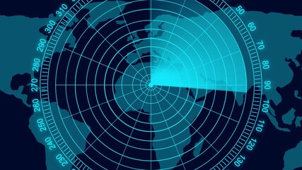 Radar screen animation, moving radar HUD call animated. Sonar tactical readout of an incoming object. Scanning Submarine Radar Screen With World Map, futuristic user interface computer system. - Powered by Adobe