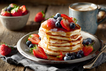 A Cozy Morning Delight: Pancakes, Fresh Fruits, and Aromatic Coffee for the Perfect Breakfast Indulgence