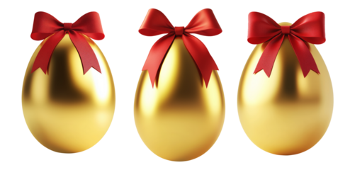 Golden Easter egg with red bow on top, isolated on white transparent background. Symbol of luxury, celebration, and holiday festivity