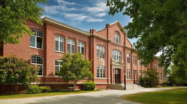 Traditional american school building exterior with brick facade and classic architectural design