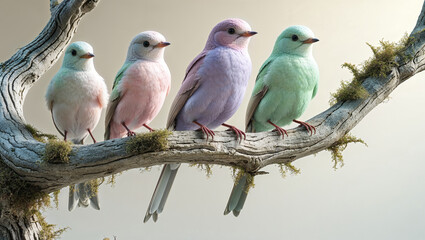Fototapeta premium Pastel-Colored Birds on a Mossy Branch