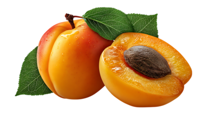 Fresh apricots with leaves isolated on transparent background