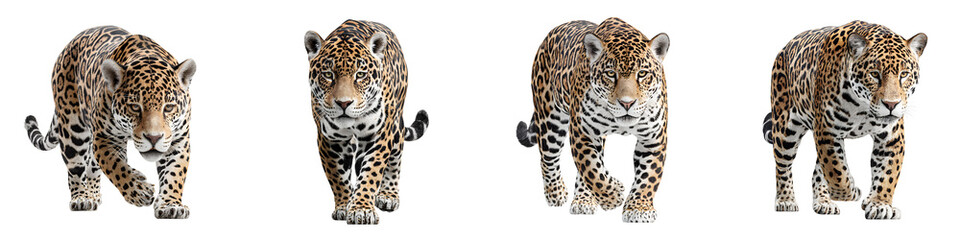 Obraz premium Set of Walking Jaguars Isolated on White Background - Strong Predator, Wildlife Concept