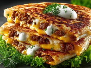 Delicious Stack of Beef Quesadillas Topped with Sour Cream and Dill