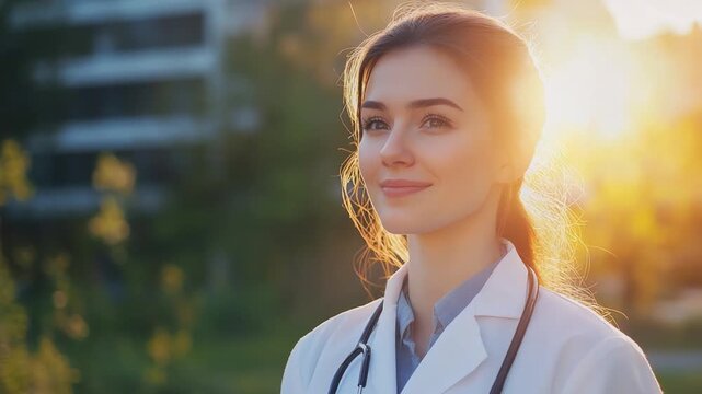 Radiant Healthcare: A portrait of a compassionate healthcare professional radiates positivity, set against a backdrop of sun-drenched trees, embodying dedication and empathy.