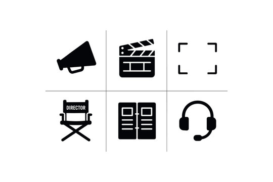 solid icon isolated director mehone prop director clapboard slate director board director chair director storyboard notebook director headset solid icon isolated director film reel director