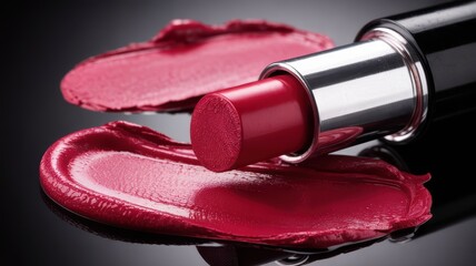 Vivid red lipstick bullet on glossy black with creamy swatches, showing rich pigment, satin shine, makeup beauty, glamour, and pro style, bold color.