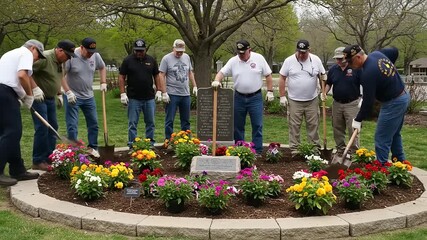 Veterans planting colorful flowers around a memorial stone in a serene park setting