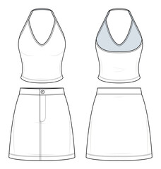 Spaghetti Strap Halter Tank and Mini Skirt Set Technical Fashion Illustration. Fitted Halter Top with Thin Straps and High-Waist Skirt Vector Template. Front and Back View. Casual wear. CAD Mockup.