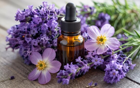 Amber dropper bottle and jar with purple liquid amid fresh lavender and a blush bloom on wood, suggesting essential oil aroma, calming care, wellness.