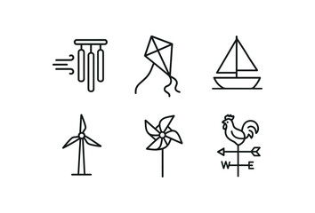 Fototapeta premium stroke icon mono icons style isolated wind (ntle breeze): wind kite sailboat wind turbine pinwheel weather vane