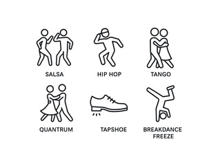Fototapeta premium stroke icon mono icons style isolated rhythm (dance moves): salsa step hip hop move tango embrace waltz spin tap shoe breakdance freeze