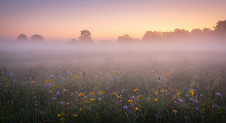 Ethereal morning fog blankets a vibrant wildflower field, a serene greenspace and essential pollinator habitat glowing in the soft light of a beautiful sunrise.