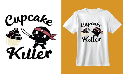 Cute black ninja character with a cupcake and whisk on a white t shirt design