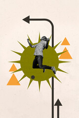 Composite image montage trend artwork collage of success winner young man excited smile levitate...