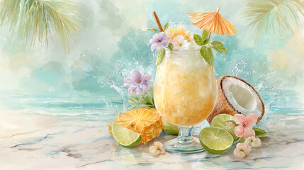 Tropical Pina colada summer cocktail with fruits, refreshing pineapple juice with sea view and copy space in watercolor