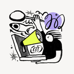 Digital marketing conceptual sketchy doodle character illustration