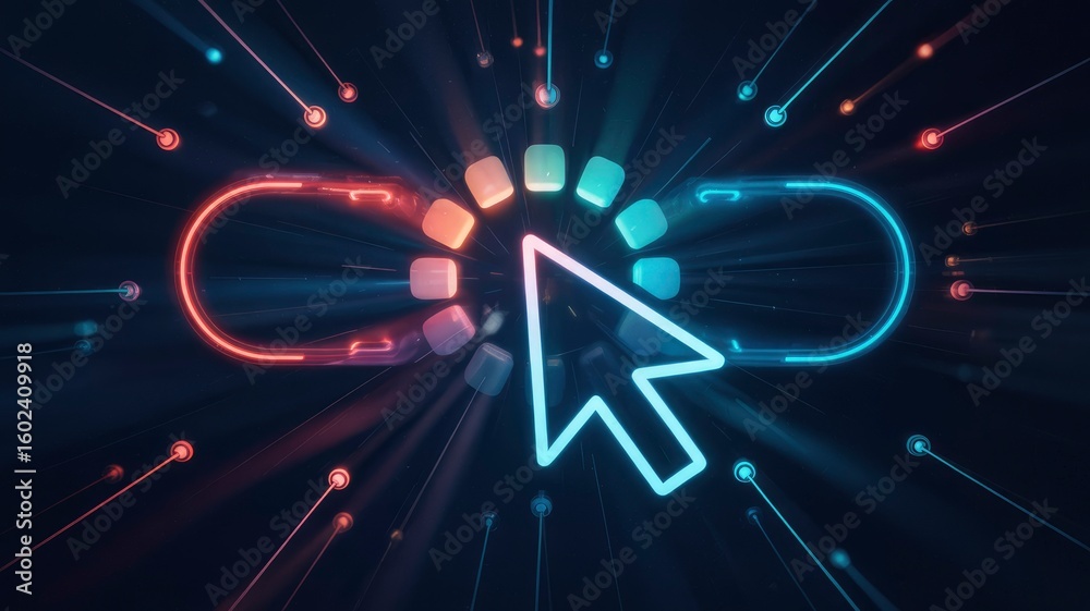 Poster Neon Cursor Clicking Loading Icon with Data Streams