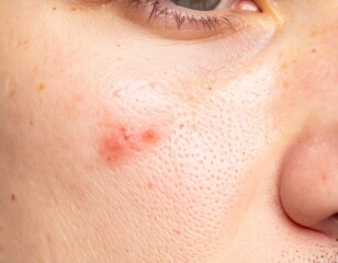 Close-up Macro Shot of Inflamed Acne on Fair Skin, Showing Texture and Redness
