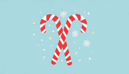 Two crossed candy canes on a light blue background with scattered snowflakes and stars