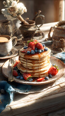 A Cozy Morning Delight: Pancakes, Fresh Fruits, and Aromatic Coffee for the Perfect Breakfast Indulgence