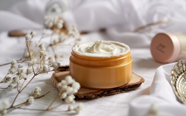 Open amber jar filled with creamy skincare product on soft fabric, accompanied by dried flowers, evoking natural beauty and gentle care.