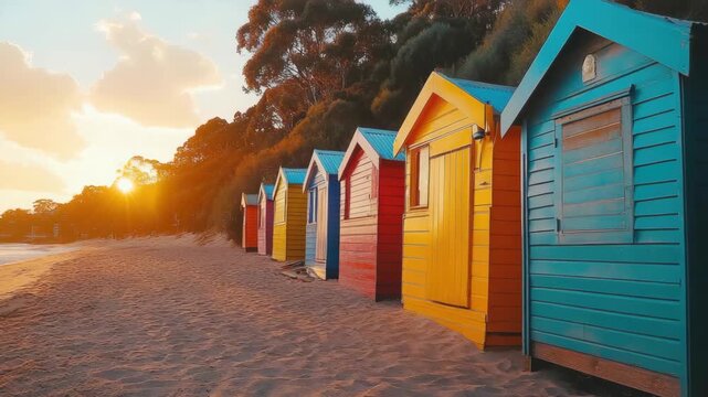 A row of vividly colored beach shack cabins at sunset.
