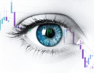 A close-up of a blue eye with stock market candlestick charts superimposed, symbolizing financial insight and market analysis.