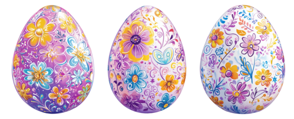 Hand-painted Easter egg with a floral pattern in vibrant colors isolated on transparent white background. Festive and decorative holiday concept