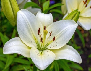 Fototapeta premium A close-up of a white lily flower with water droplets on its petals, surrounded by green buds and leaves.